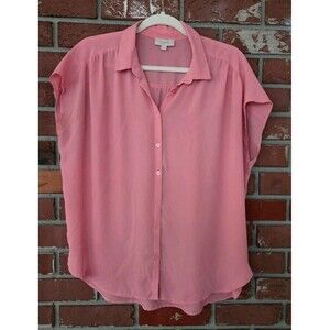 LOFT Women’s Pink / Coral Short Sleeve Button-Up Blouse Sz L Classic Work Casual